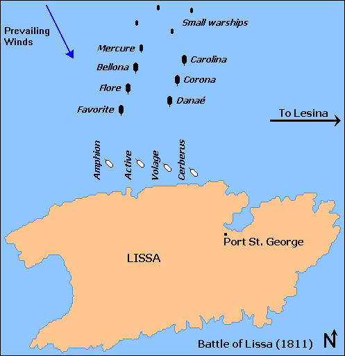 Situation at dawn on March 13, 1811. The British squadron under Admiral William Hoste discovers the French squadron to windward.